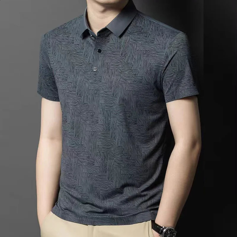 Summer Fashion Smart Casual Versatile Quick Drying Short Sleeve Polo Shirt Mens Lapel Button Patchwork Print Loose Thin Top 250118