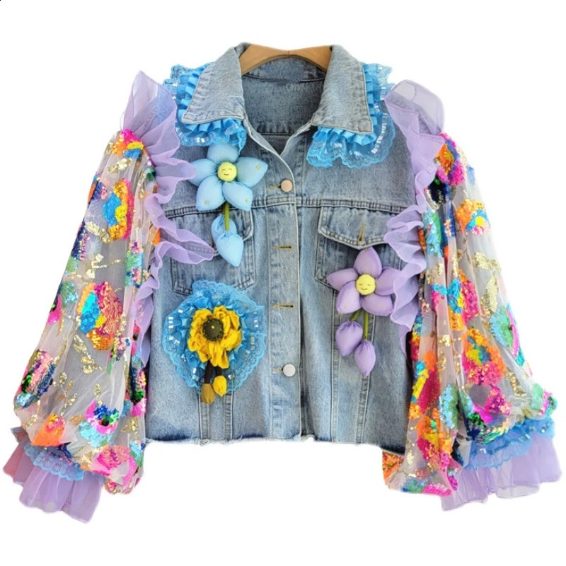 Spring Women 3D Flowers Beaded Denim Coat Loose Patchwork Mesh Sequins Jeans Bomber Jacket Gauze Cardigan Tops Streetwear 250116