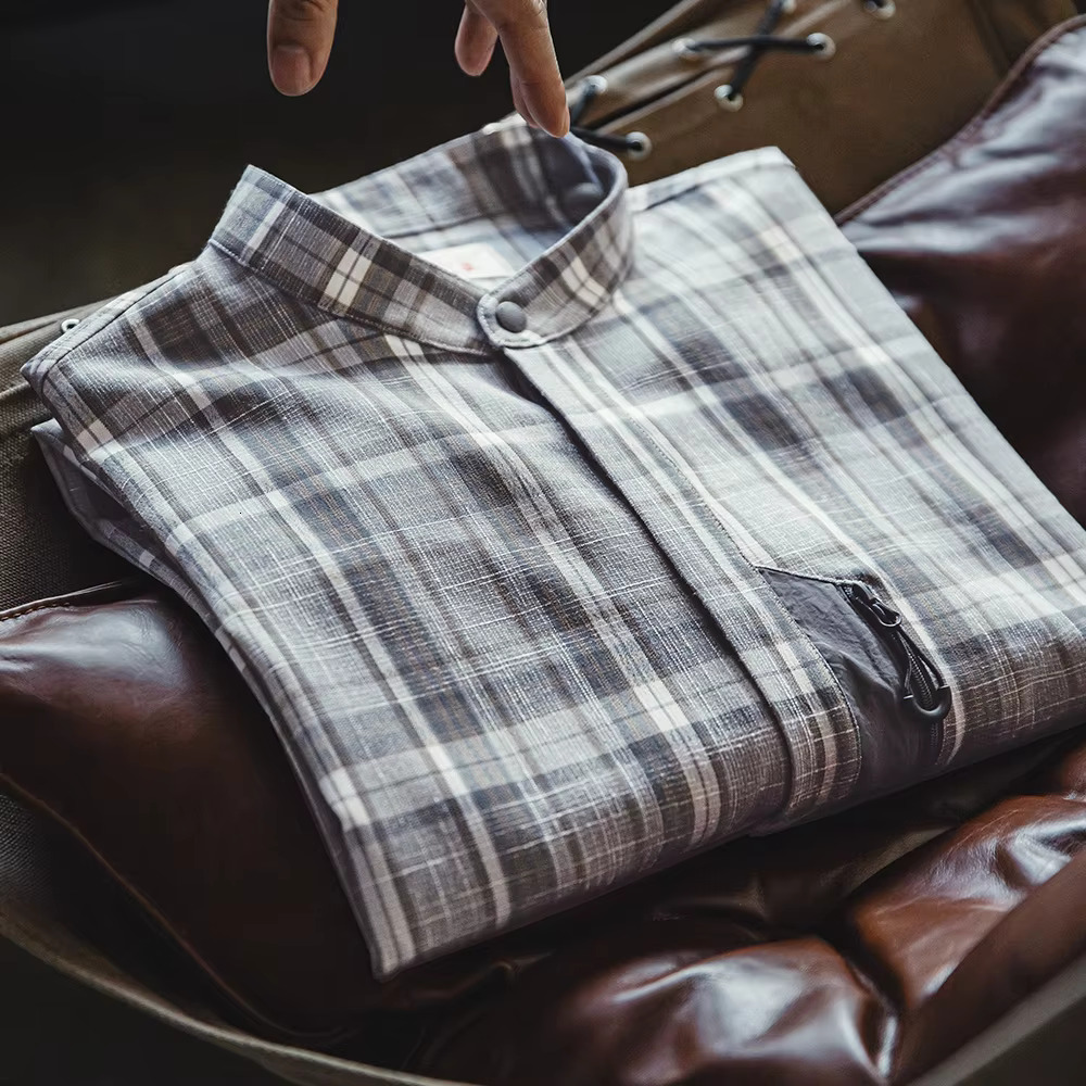 Maden Retro Stand Collar Plaid With Blended Material Casual Long-Sleeved Single-Breasted Shirt For Men's Spring And Autumn