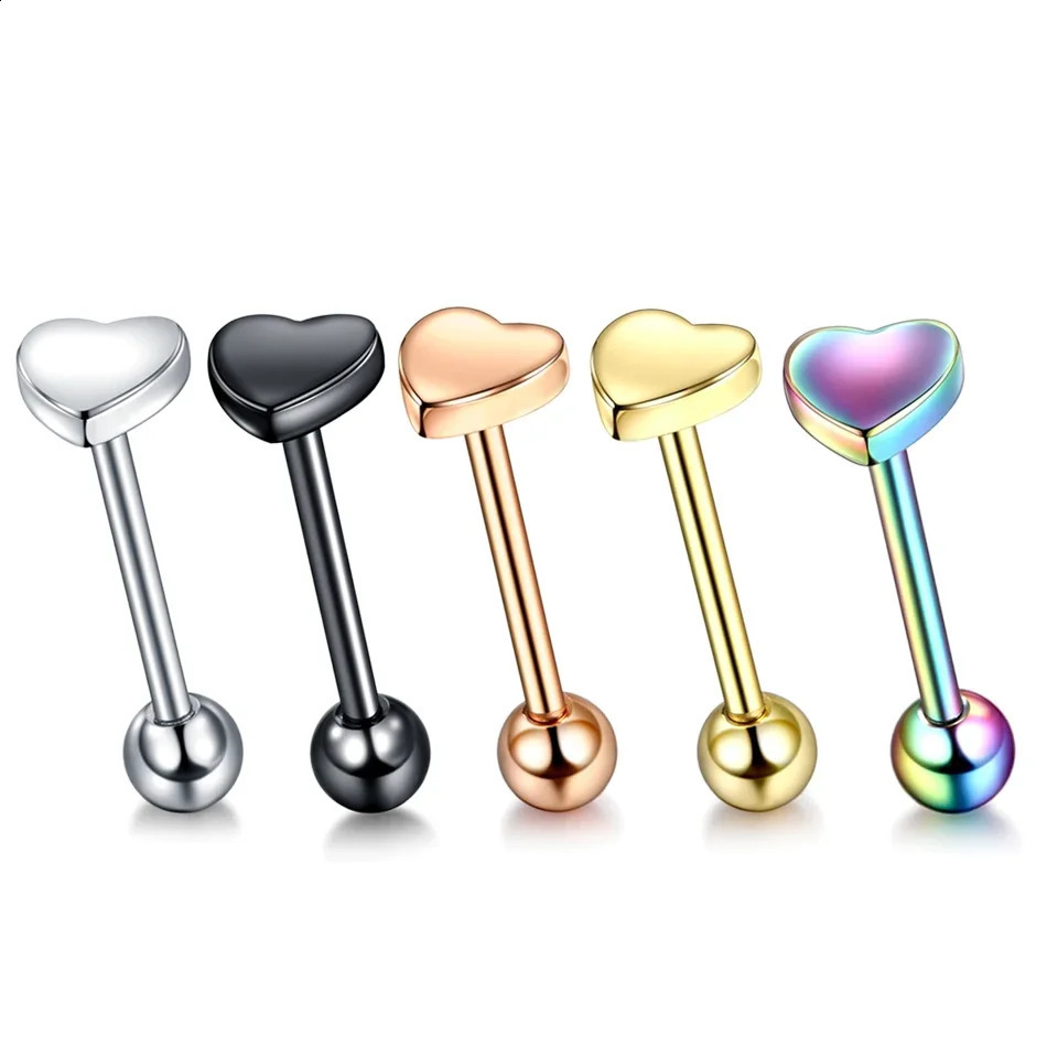 1PC Stainless Steel Heart Shaped Tongue Ring Barbell Piercing Cute Bar Ear Tragus Studs Labret Body Jewelry 250110