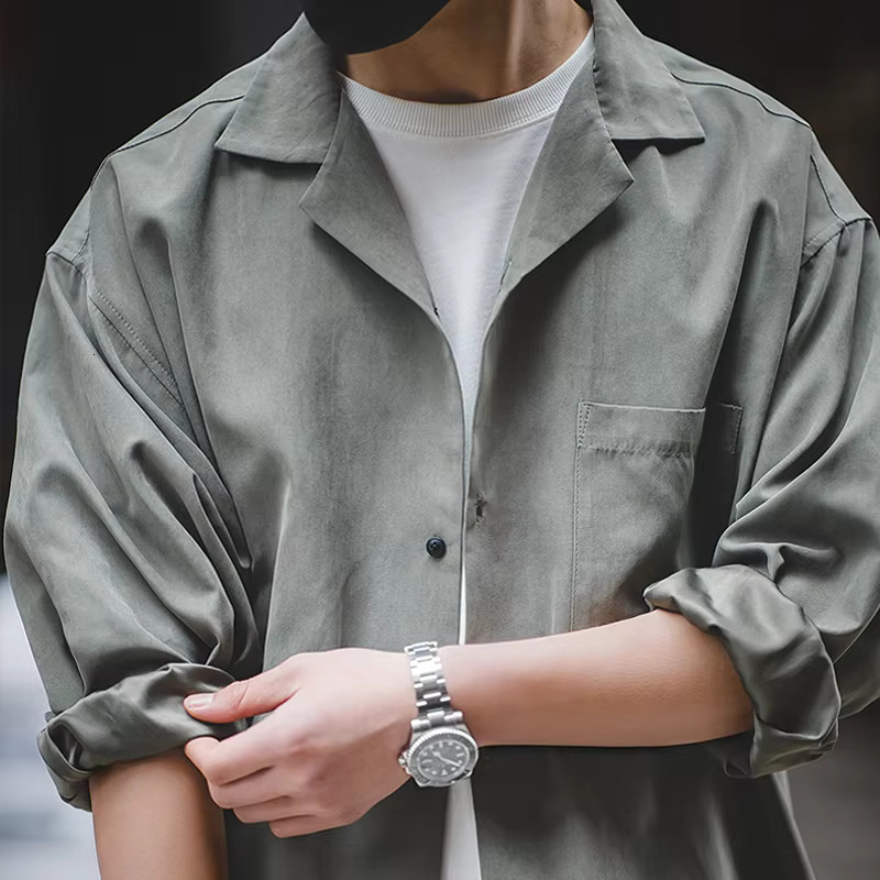 Maden Workwear French Vintage Long Sleeve Cuban Collar Thin Naples Shirt Peach Skin Fleece Men's Autumn