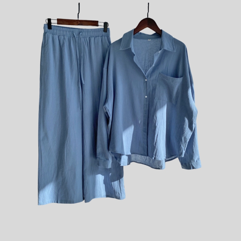New best-selling 2-piece set retro plus size cotton and linen shirt set, high waist loose trousers