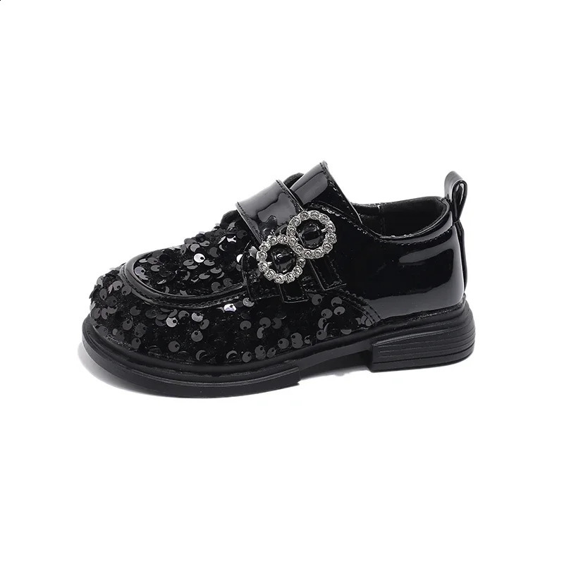 Jogerli Bling Fashion Leather Shoe For Kids Girls Sequined Black Silver Rubber Children School Dress Shoes For Party 250121