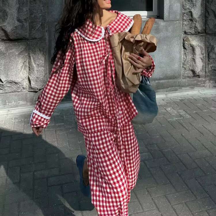 Red Plaid Wide Leg Pants Sets Women Long Sleeve Lace-Up Blouse+Elastic Waist Trouser Chic Casual Lace Trim 2 Piece Set 2025 New