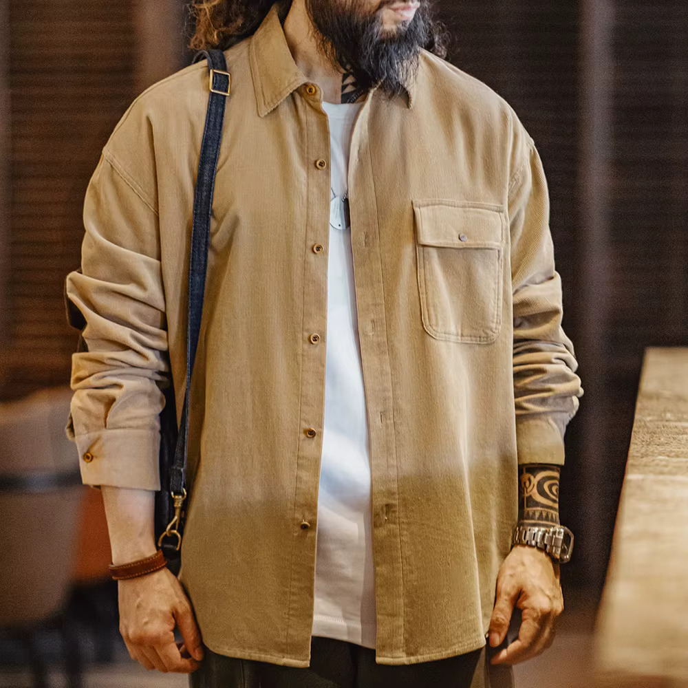 Maden Retro Corduroy Patchwork Long-Sleeve Casual Turn-Down Collar Single-Breasted Cotton Shirt Classic Men's Fall Jacket