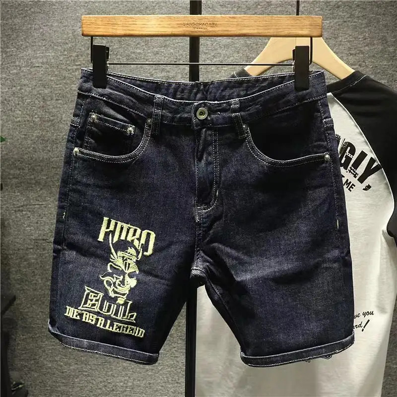Summer Casual Denim Shorts for Men Knee Length Jeans Embroidery Trendy Slim Pants Korean Style Black Short 250121