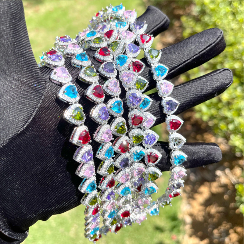 10mm High Quality Hip Hop Colorful Heart Shape Tennis Chain Necklace Women Men Hip Hop Rap Jewelry