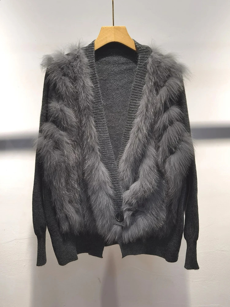 Women Spring Autumn Ladys Fashion Loose Cardigan Natural Real Fox Fur Knitted Oversize Coat Fox Fur Decoration Sweater 250117