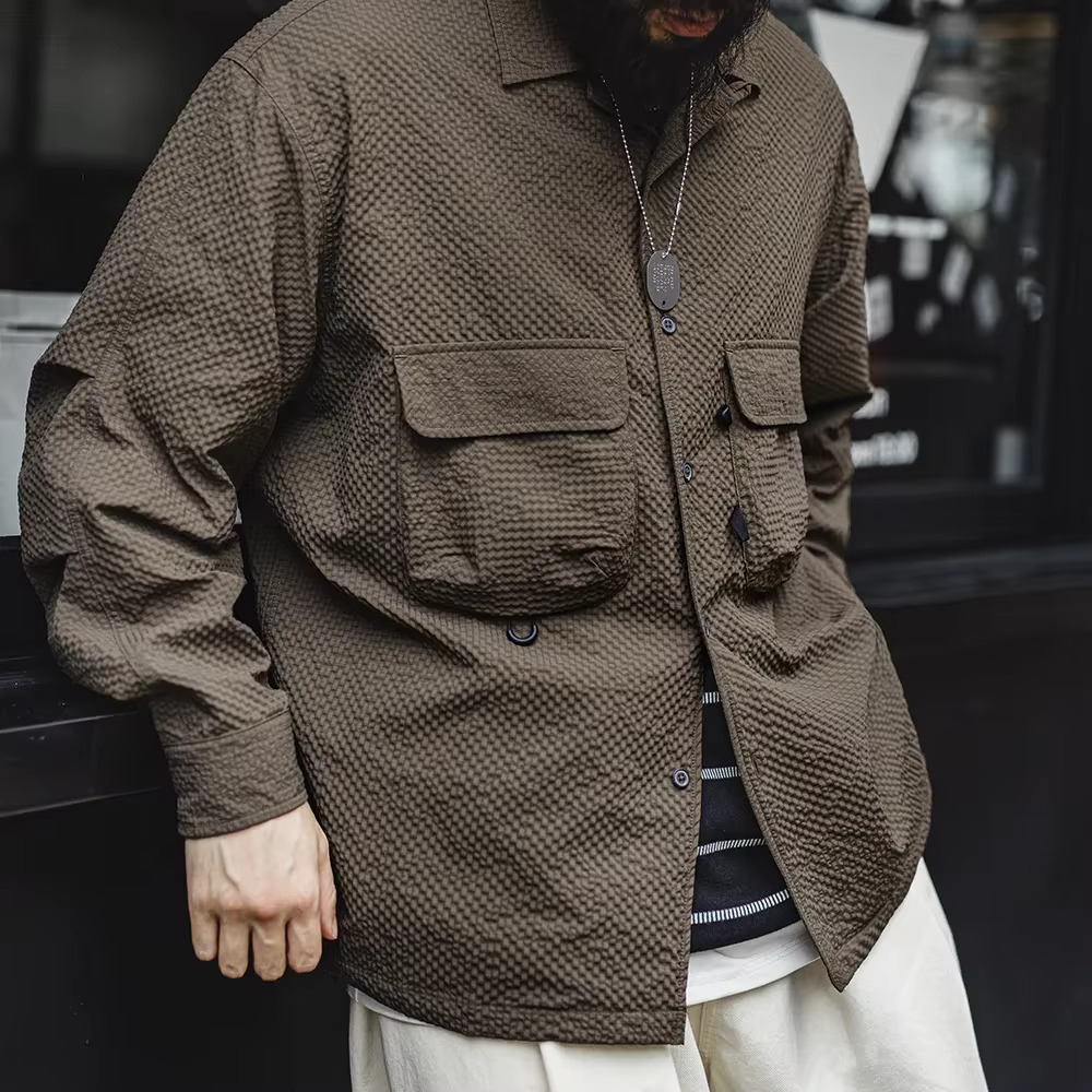 Maden Outdoor Cuban Collar Seersucker Long-Sleeved No-Iron Anti-Wrinkle With Pocket Design Thin Solid Color Shirt For Men