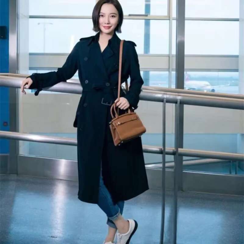 Navy Blue Women Trench 2023 Office Lady Double Breasted Extra Long Coat Elegant High Quality Windbreaker Outwear