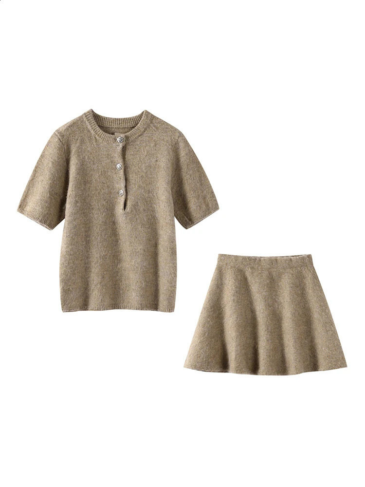 Cozy Knit Mini Skirts Set Women Sexy O-neck Shorts Sleeves Cardigan High Waist Pleated Skirt Autumn Solid Lady Suit 250116