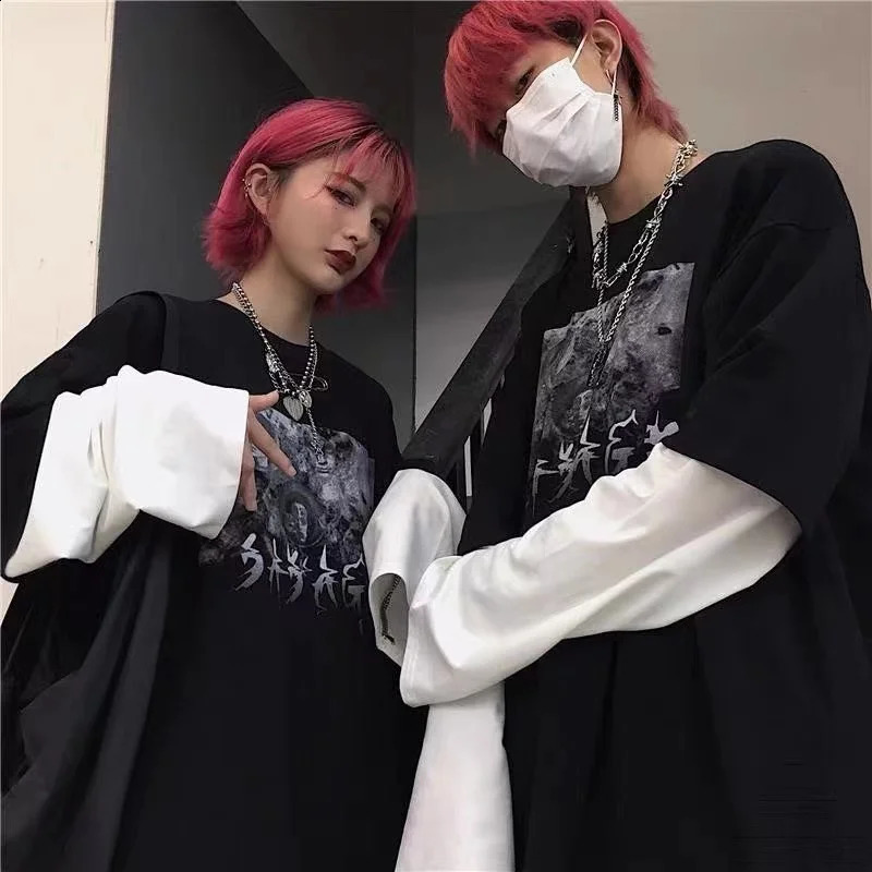 Y2K Emo Men Summer Oversized T-Shirt Korean Harajuku Tshirt Streetwear Dark Academia Hip Hop Alt Long Sleeved T Shirts Clothes 250117