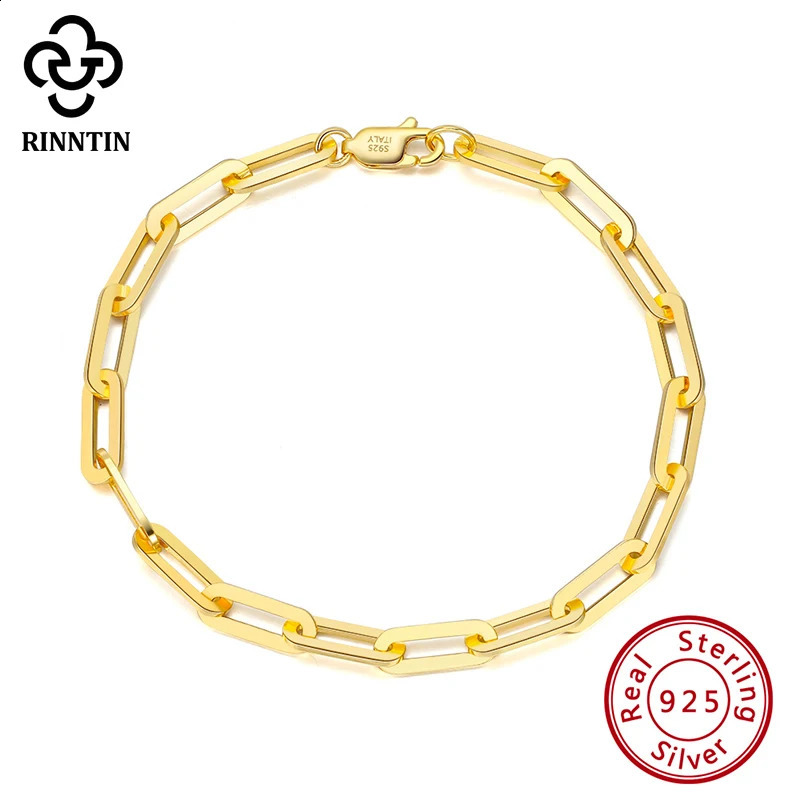 Rinntin 14K Gold Plated Genuine 925 Sterling Silver Paperclip Link Chain Bracelet for Women Men Hand Bracelet Jewelry SB109 250117