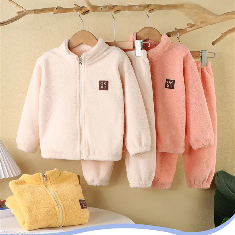 Plush Sets Children Autumn Winter Warm Fleece Suits Baby Thickened Cardigan TopPants 2Pcs Outfits Boys Girls Homewear Clothing 250113