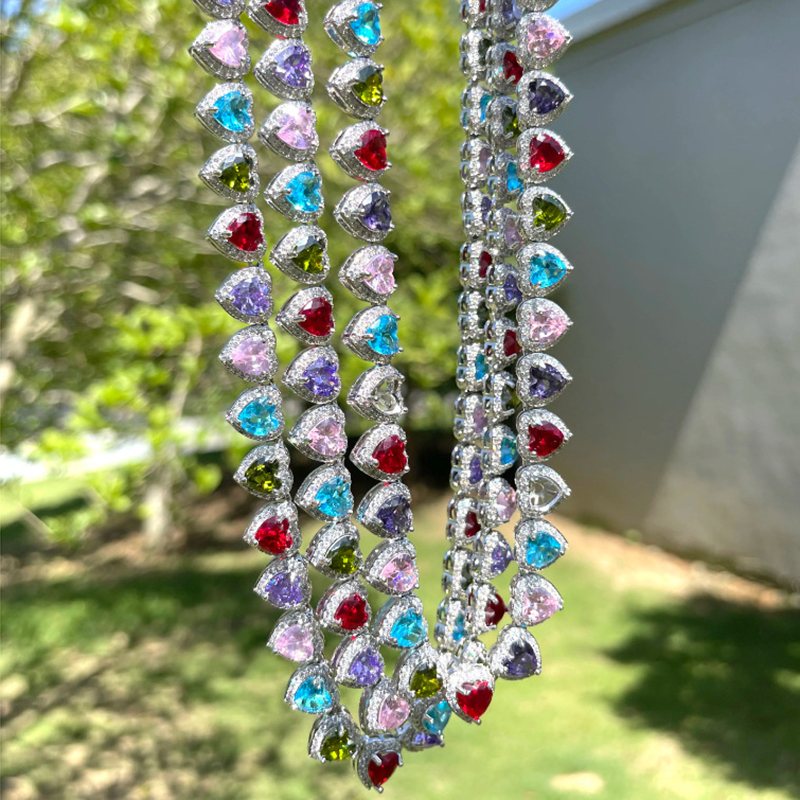 10mm High Quality Hip Hop Colorful Heart Shape Tennis Chain Necklace Women Men Hip Hop Rap Jewelry