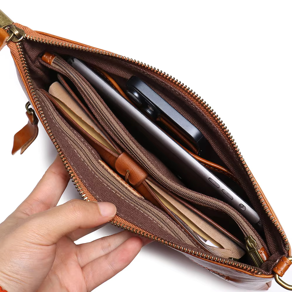 Vintage Men's Clutch Handbag Handmade Vegetable-Tanned Leather Document Top Grain Cowhide Ipad Simple Wrist Bag