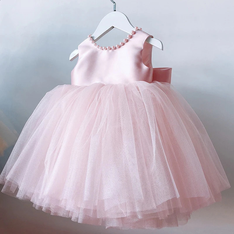 Kids Pearls Elegant Princess Dress for Girls Backless Bow Baby Girl 1st Birthday Baptism Tutu Gown Wedding Party Girls Dress 250218