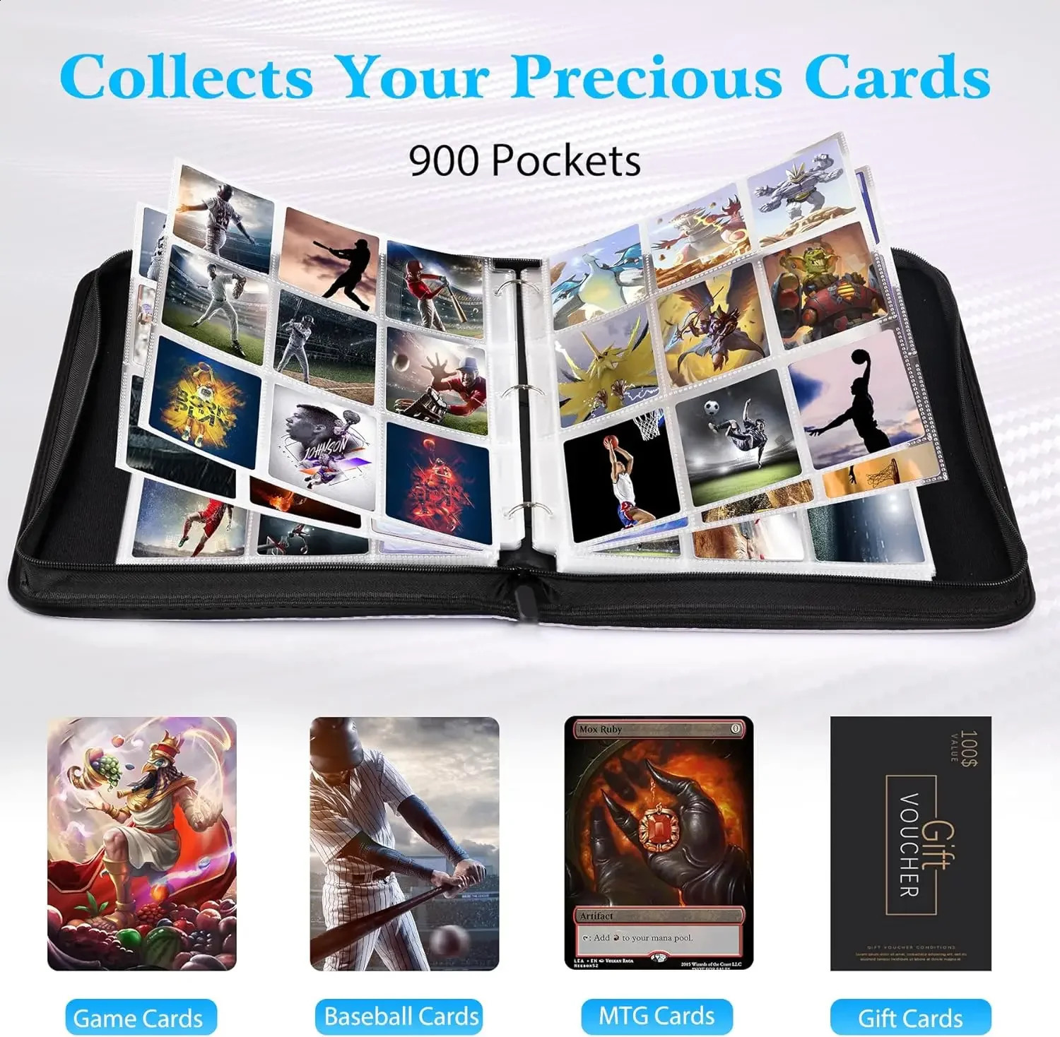 900 Pockets Card Binder Sleeves with Zipper Double Sided Pockets Card Holder Carry Card Case for TCG CCG Card StorageBlack 250120
