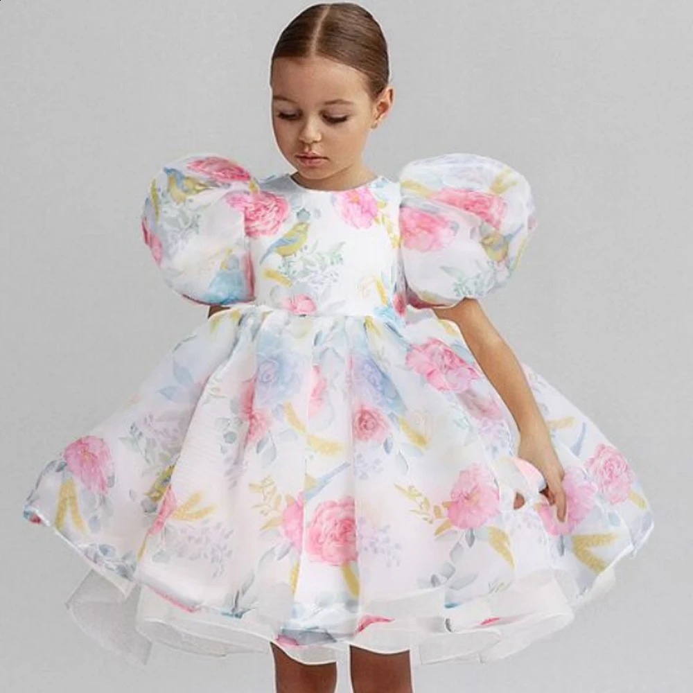 Fashion Girl White Princess Dress Tulle Puff Sleeve Wedding Party Kids Dresses for Girls Birthday Child Clothes Bridesmaid Gown 250117