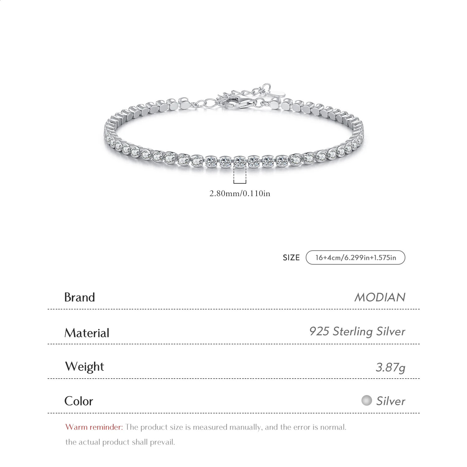 MODIAN 925 Sterling Silver Sparkling CZ Tennis Bracelet Round Zirconia Platinum Plated Bracelet For Women Fine Jewelry Gift 250121