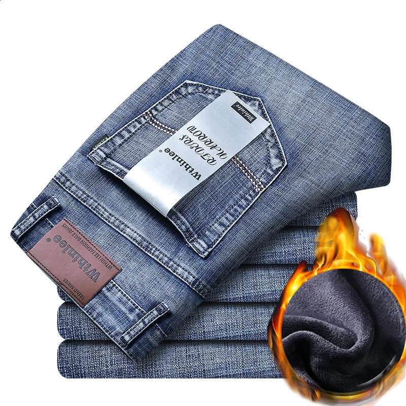 Men Fashion Winter Jeans Gray Color Slim Fit Stretch Thick Velvet Pants Warm Casual Fleece Trousers Male 250121