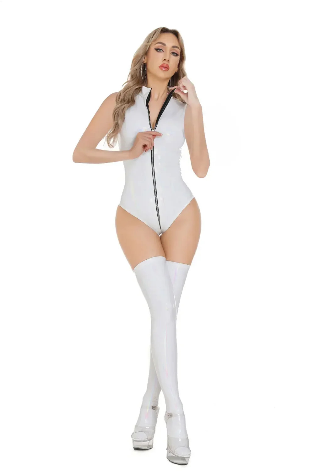 High Cut Thong Bodysuit Tops Front Zipper Open Sexy Faux Leather Sleeveless Tights Woman Clothing Night Club Leotard Shaper Wear 250108