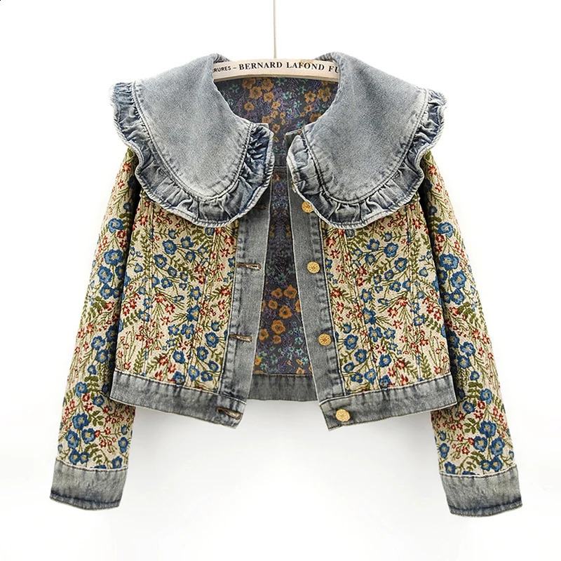 Spring Autumn Jacquard Embroidery Peter Pan Collar Denim Jacket Women Loose Short Cowboy Outerwear Casual Jeans Female 250113