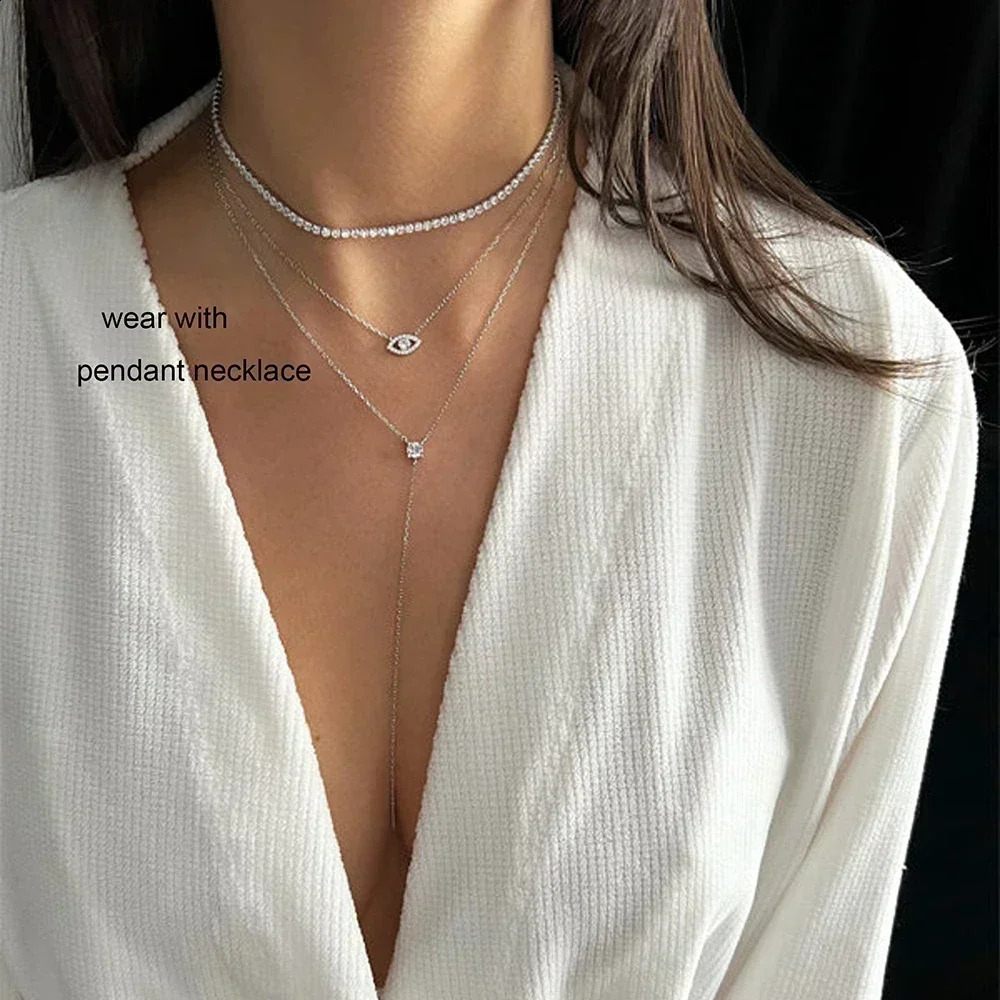 2mm Diamond Tennis Necklace for Women 925 Sterling Silver Plated 18k Gold Choker Necklace Collar Chain Adjustable 250120