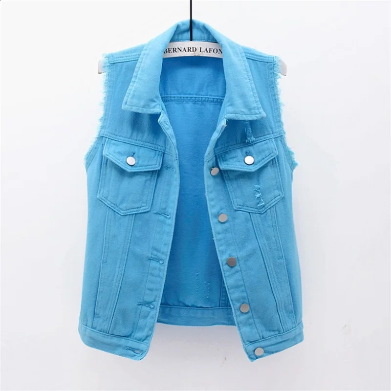 Autumn Women Plus size Denim Vest Sleeveless Waistcoat Students Casual Tops Jeans Jackets Red Pink Purple Yellow Blue White 250122