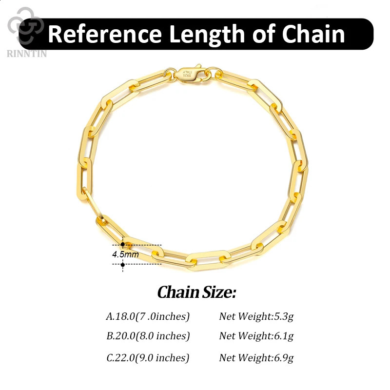 Rinntin 14K Gold Plated Genuine 925 Sterling Silver Paperclip Link Chain Bracelet for Women Men Hand Bracelet Jewelry SB109 250117
