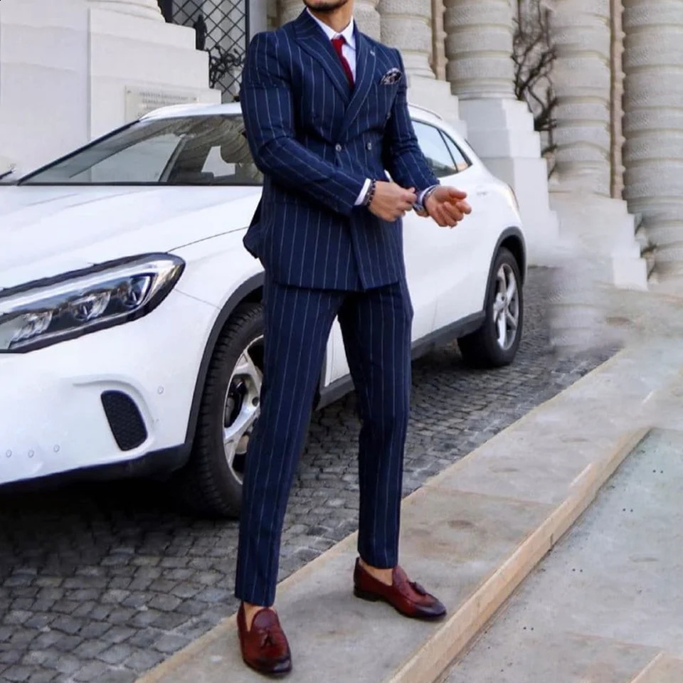 Dark Blue Suits For Men Fashion Double Breasted Striped Slim 2 Pieces Jacket Pants Daily Office Work Business Meeting Outfits 250121