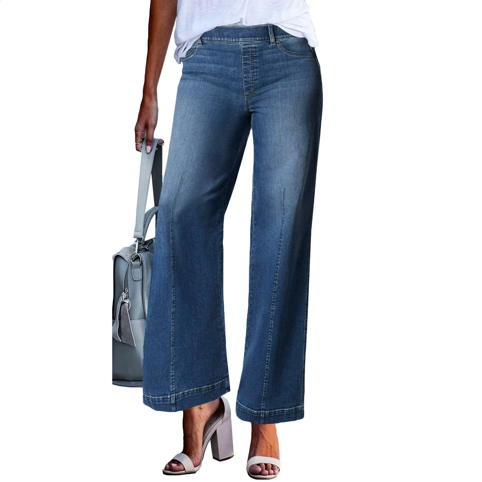 Fahionable Versatile Blue Color Lighted Jeans For Women Seamed Front Wide Leg Solid Casual Slimming Nine Length Trousers 250122