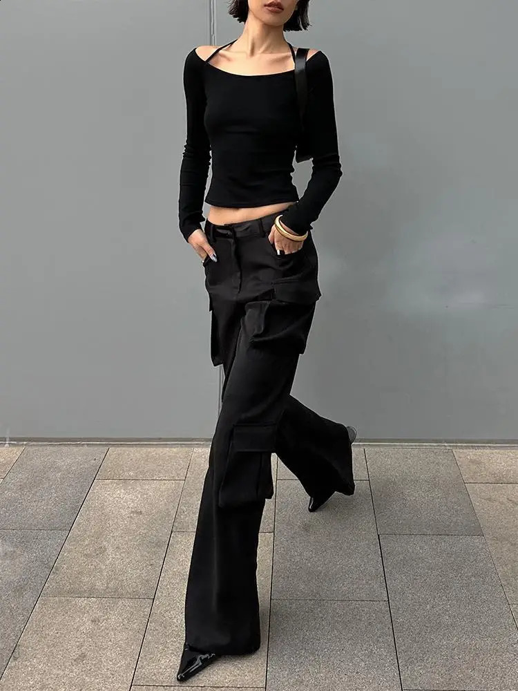 Yedinas Womens Long Sleeve Halter T Shirt Black Slim Clothes Y2K Tees Female Clothing Skinny Streetwear 2000s Tshirts Slim Tops 250109