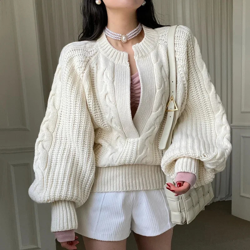 ChicAutumn/Winter Elegant Neckline Cable Knit Pullover Sweater Loose Fit Solid Color Warm Lantern Sleeve Knit Sweater 250114