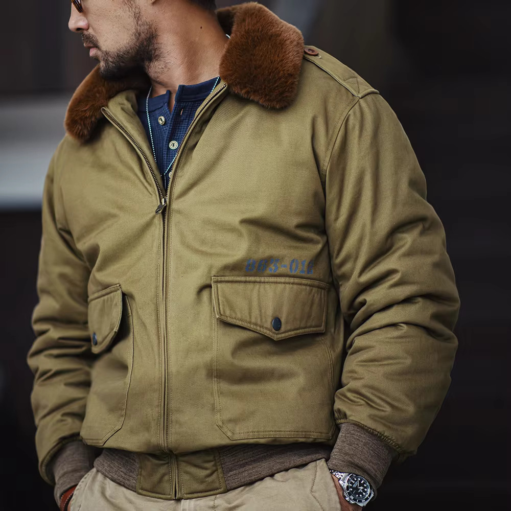 Maden Vintage B10 Bomber Zippered Flight Coat With Fur Collar Lapel Pockets Green Cotton Jacket For Men's Winter