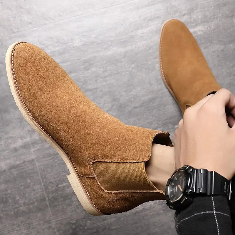Man Retro Suede Genuine Leather Chelsea Boots Men Fashion Short Ankle Boot Casual British Style High-Top Shoes 250120