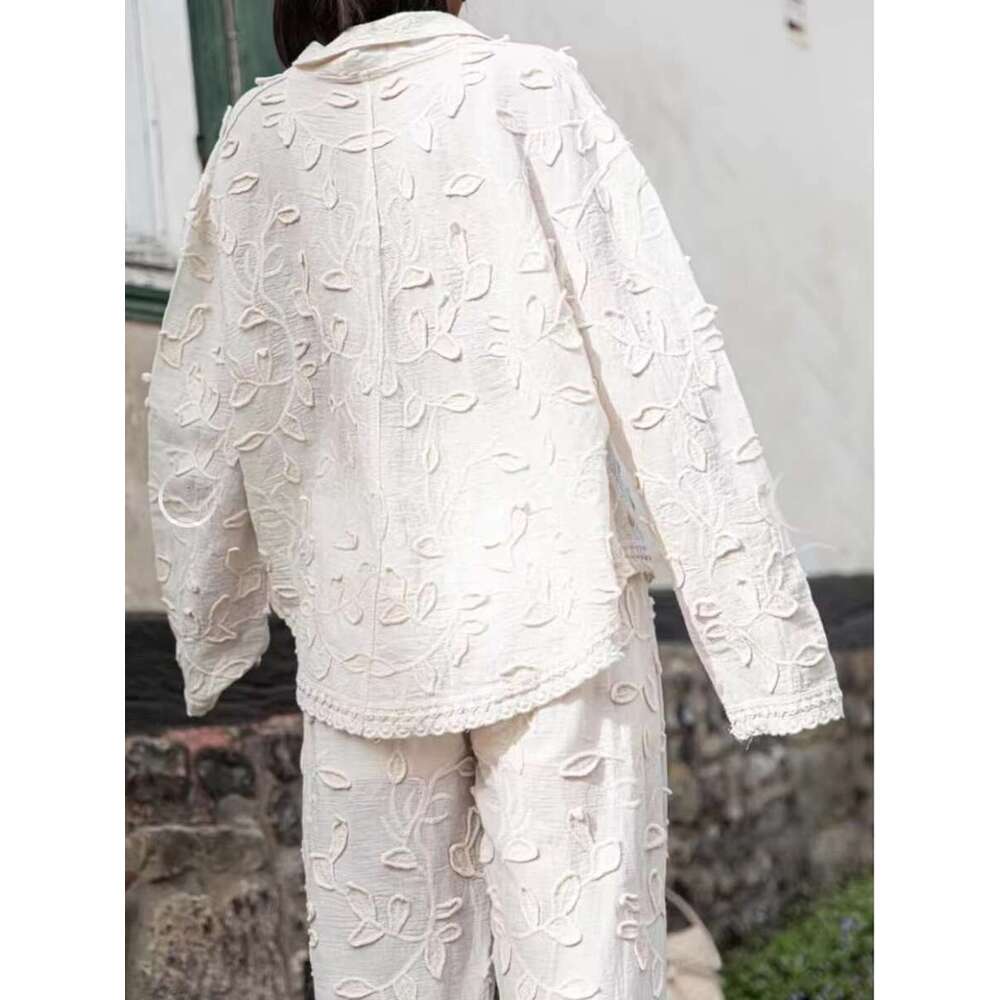 2025 New Wer Jacquard Pants Sets Spring Long Sleeve Lace Trim Blouse+Trouser Suits Casual Fashion Elegant 2 Piece Set Women