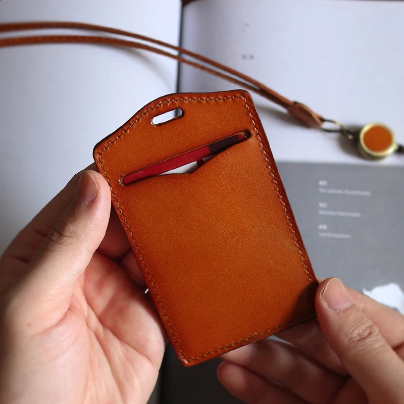 Vertical Identity Badge Holder Neck Lanyard For Office Work Genuine Leather ID Bus Card Set Elastic Easy Pull Buckle Tag 250120