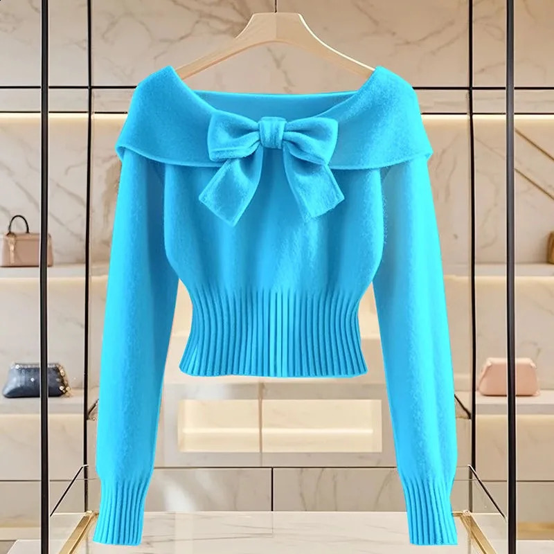 Autumn Bow Sweet Knitted Top Womens Unique Chic Soft Slim Fit Cropped Long-sleeved Lady Sweater Pullover 250118