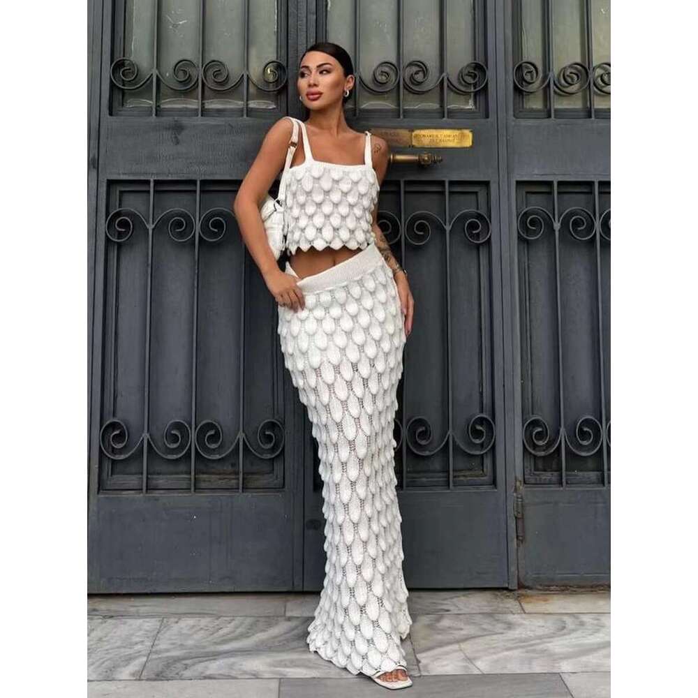Tassel Knitted Holiday 2 Piece Women Summer Sleeveless Cropped Tank Top With Maxi Skirts Suits Casual Fashion Long Skirt Set