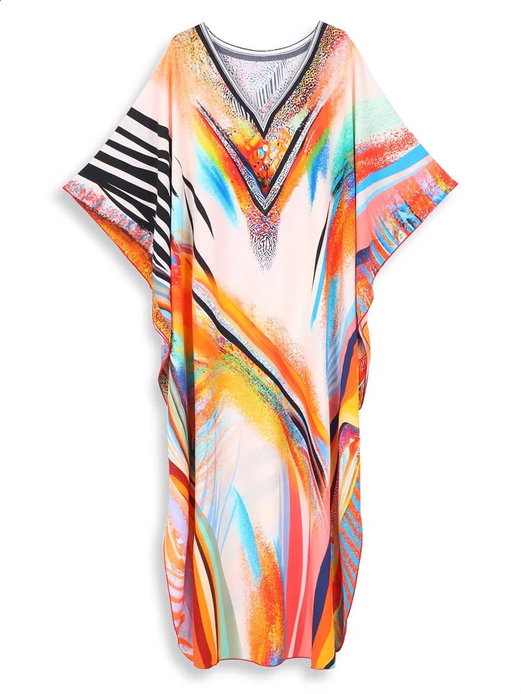 EDOLYNSA Orange Printed Beach Dress Bohemian Loose Kaftan 2024 Summer Womens Swimsuit Cover Up Vacation Casual House Robe Q1638 250122