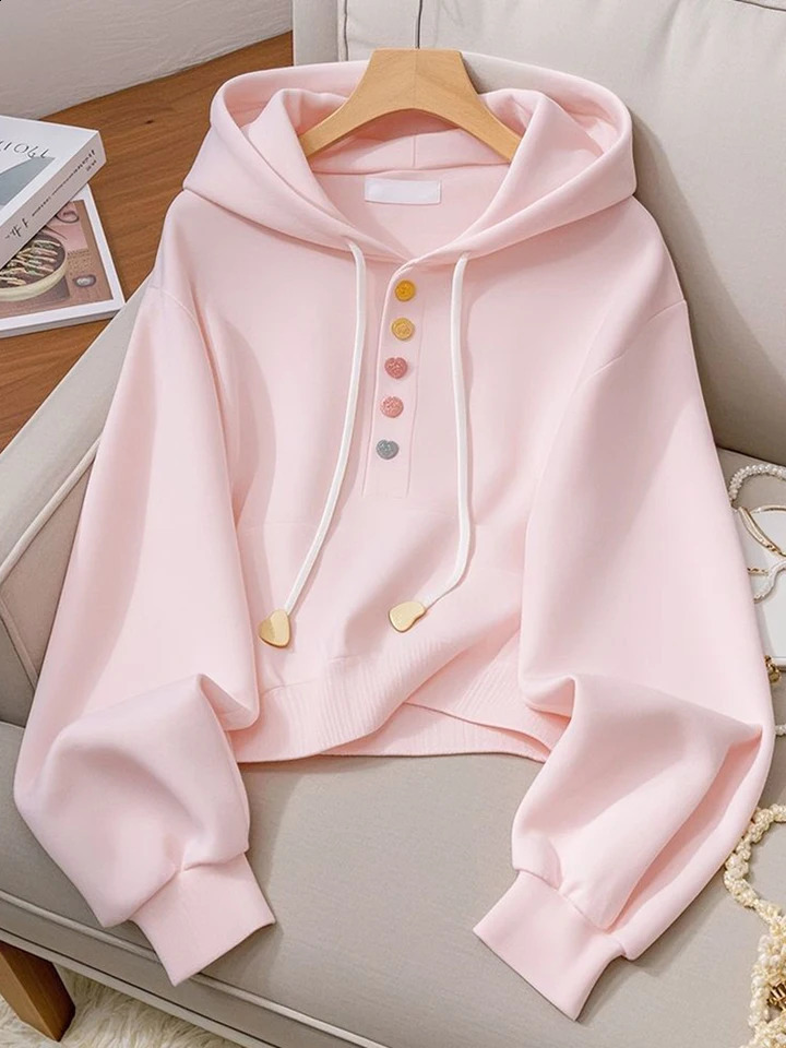 Zoki Sweet Pink Hoodies Women Fashion Elegant Long Sleeve Sweatshirts Korean Loose Casual Buttons Female Preppy Style Top Spring 250109