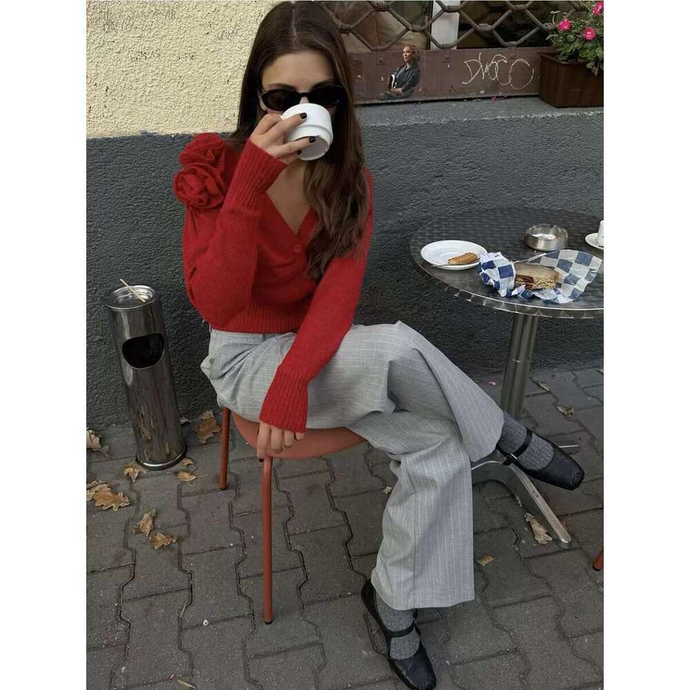 New Red Wer Decor Knitted Cardigan Women 2025 Spring Long Sleeve V Neck Sweaters Streetwear Elegant Fashion Thin Jumper Femme