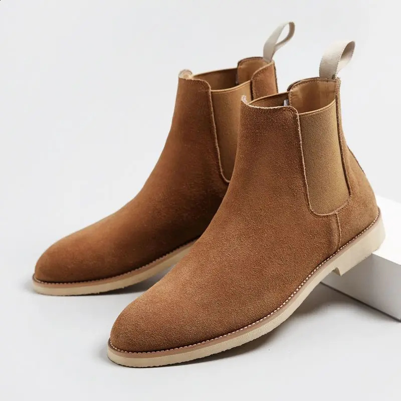Man Retro Suede Genuine Leather Chelsea Boots Men Fashion Short Ankle Boot Casual British Style High-Top Shoes 250120