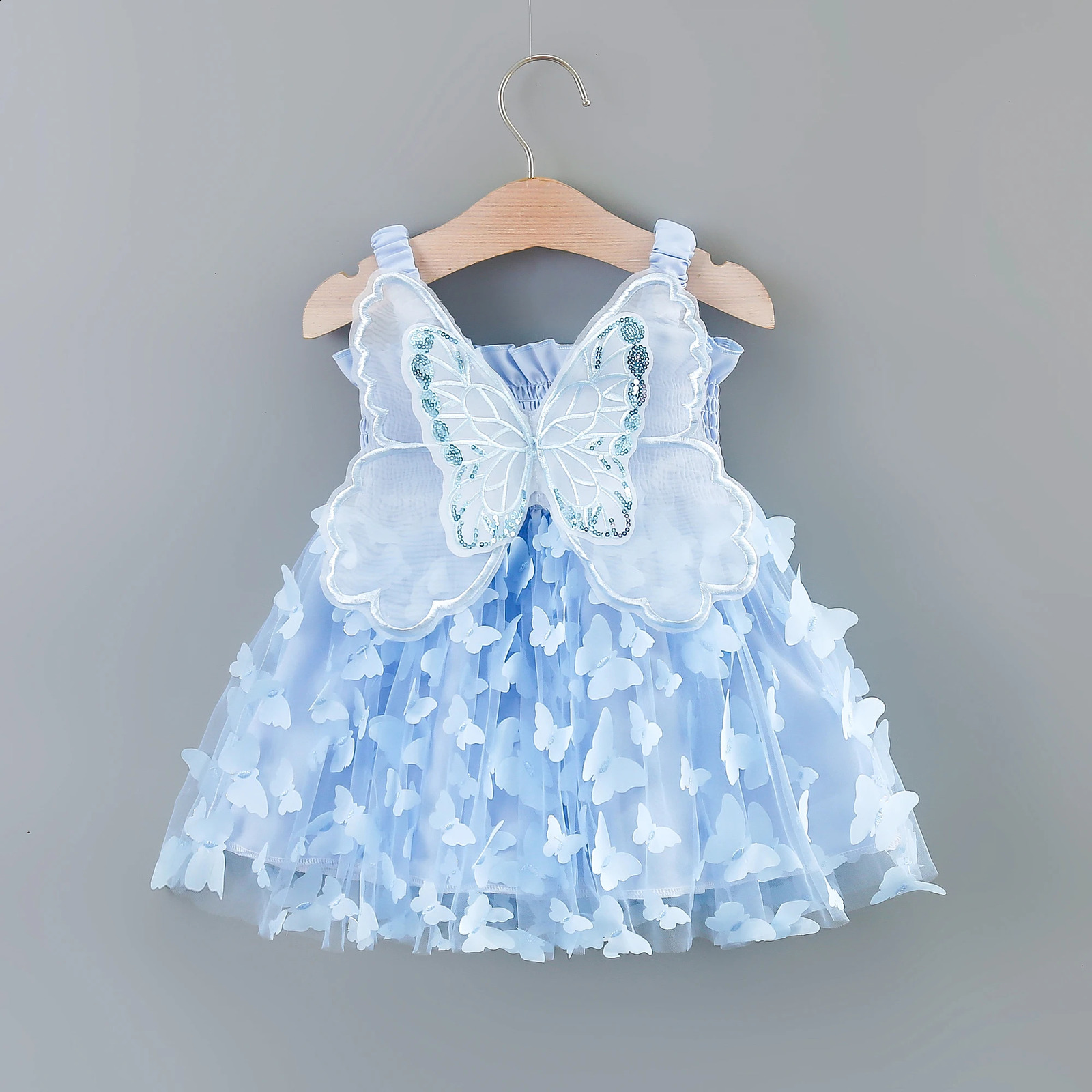 Girls Summer Dress With Large Butterfly Wings On The Back Drawstring Waist Mesh Colorful Princess Party 250116