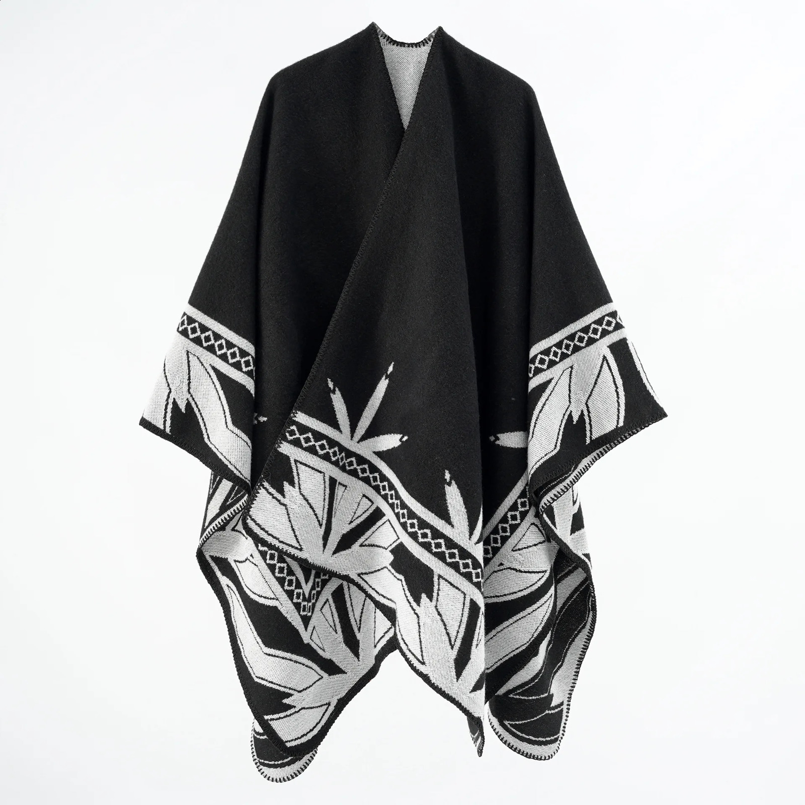 Autumn Winter Geometric Stripe Pattern Cashmere Warm Casual Women Shawl Poncho Capes Lady Coat Black 250121