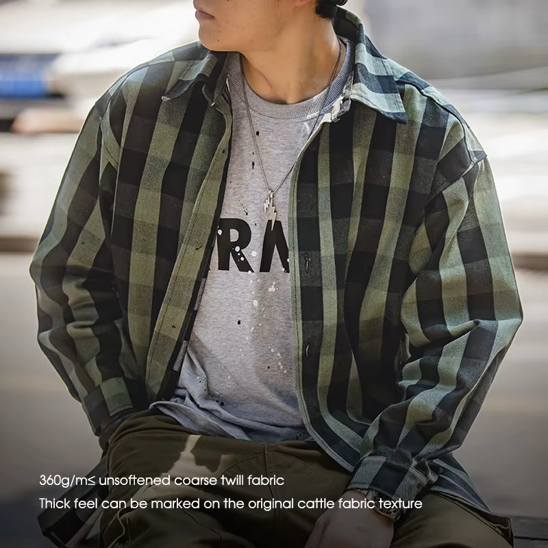 Maden Haruku Plaid Men's Shirts Retro 360G Heavy High Quality Casual Single Breasted Loose Long-Sleeved Turn-Down Collar Shirt