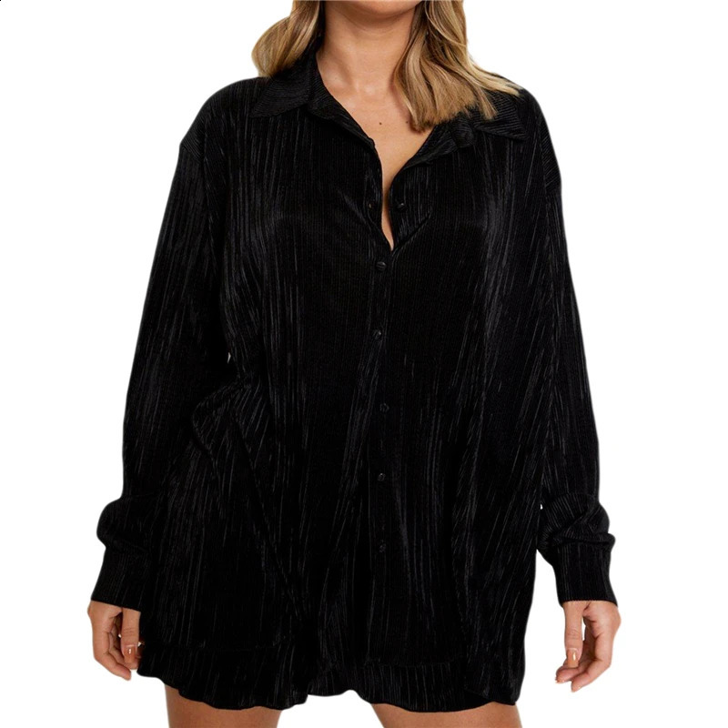Pleated Shorts Set 2 Piece Outfits for Women 2000s Aesthetic Ruched Long Sleeve Button Down Shirt Tops and Shorts y2k Clothing 250113