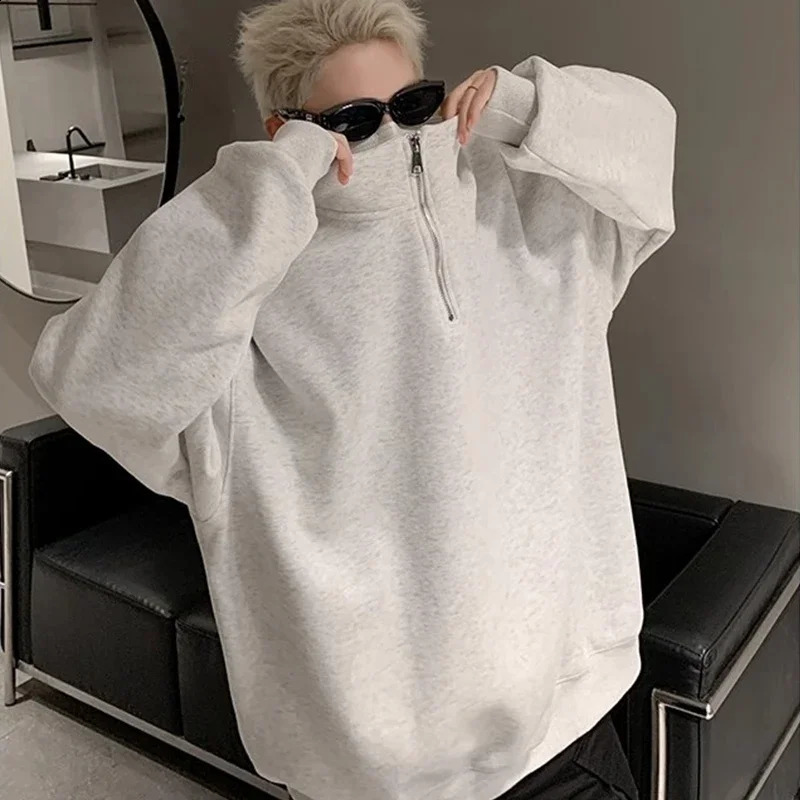 Mens Korean Fashion Halfzipper Sweatshirts Autumn Standup Collar Pullover Hoodies Y2K Vintage Solid Tops Hombre Tracksuit 250122