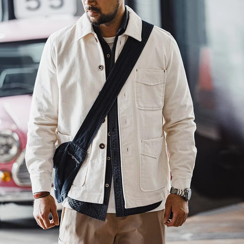 Maden Retro Heavyweight Cotton Jacket With Twill Lapel Sleeves Corduroy Splicing Design Single-Breasted Coat For Men's Autumn